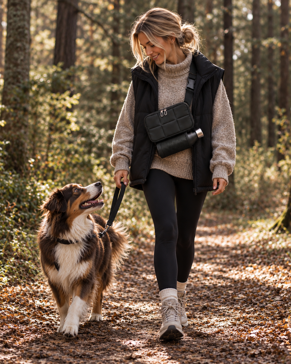 Frau mit Australian Shepherd im Herbstwald, trägt die Lumpers Loop
