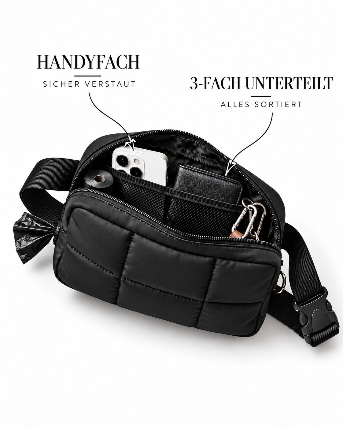 Geöffnete Lumpers Loop in Schwarz mit Handyfach und dreifach unterteiltem Hauptfach
