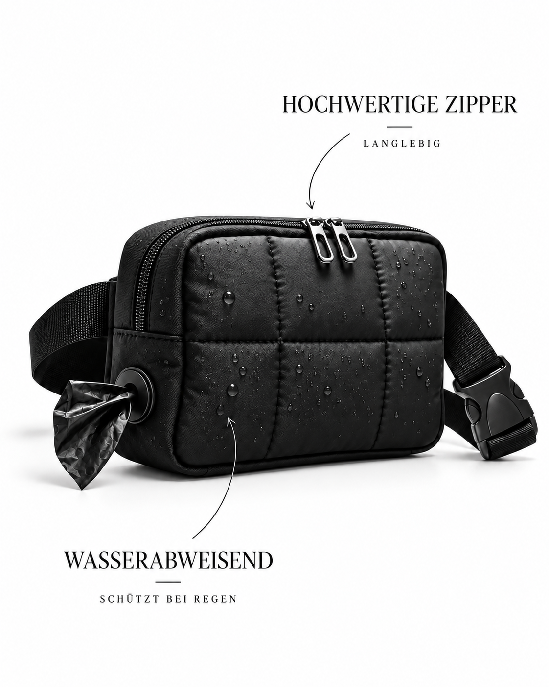 Lumpers Loop in Schwarz: wasserabweisende, gesteppte Crossbody Bag mit Metall-Zippern