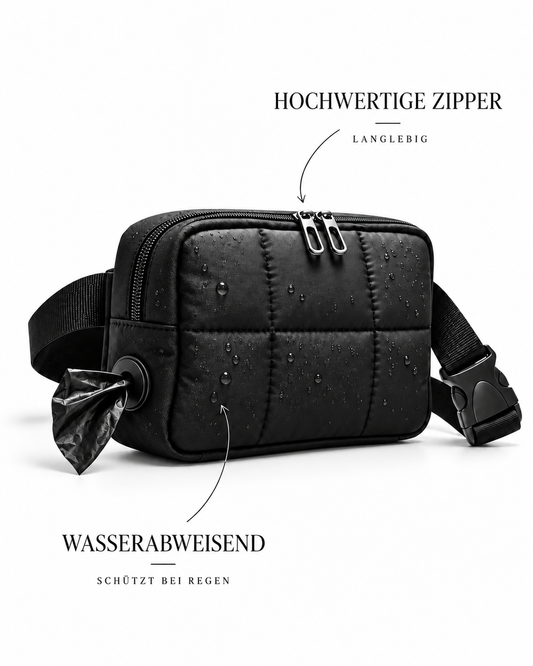Lumpers Loop in Schwarz: wasserabweisende, gesteppte Crossbody Bag mit Metall-Zippern