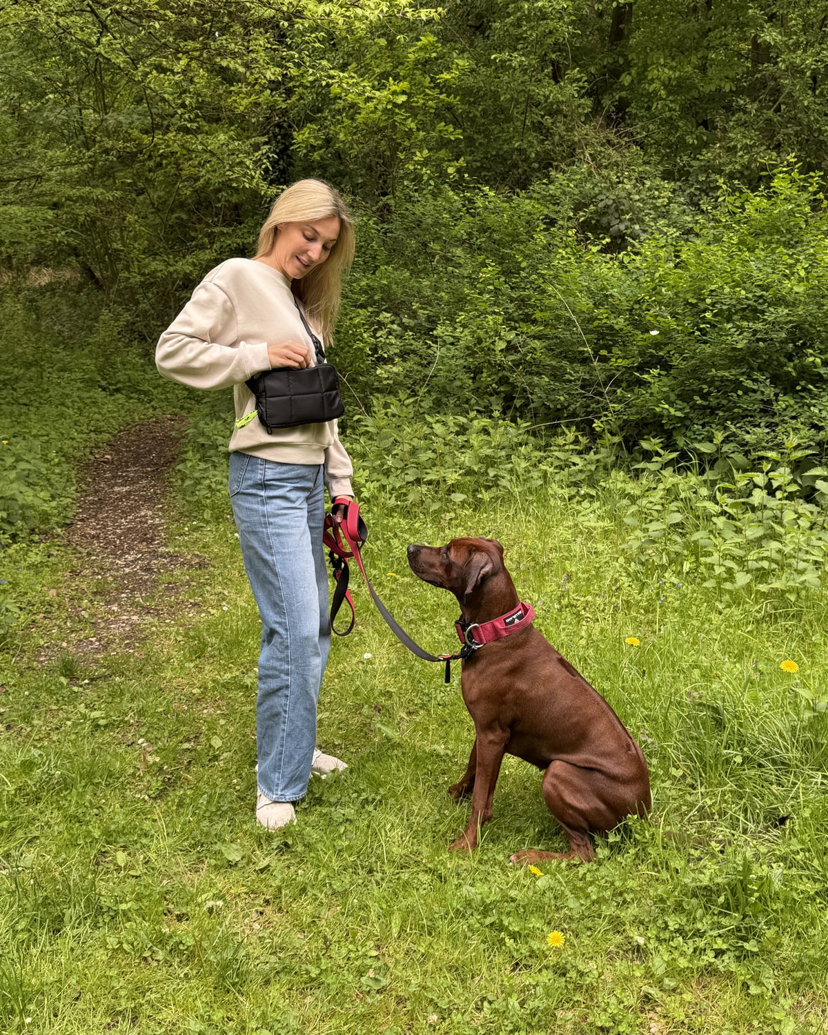 Frau mit ihrem Hund im Wald, greift in die Lumpers Loop